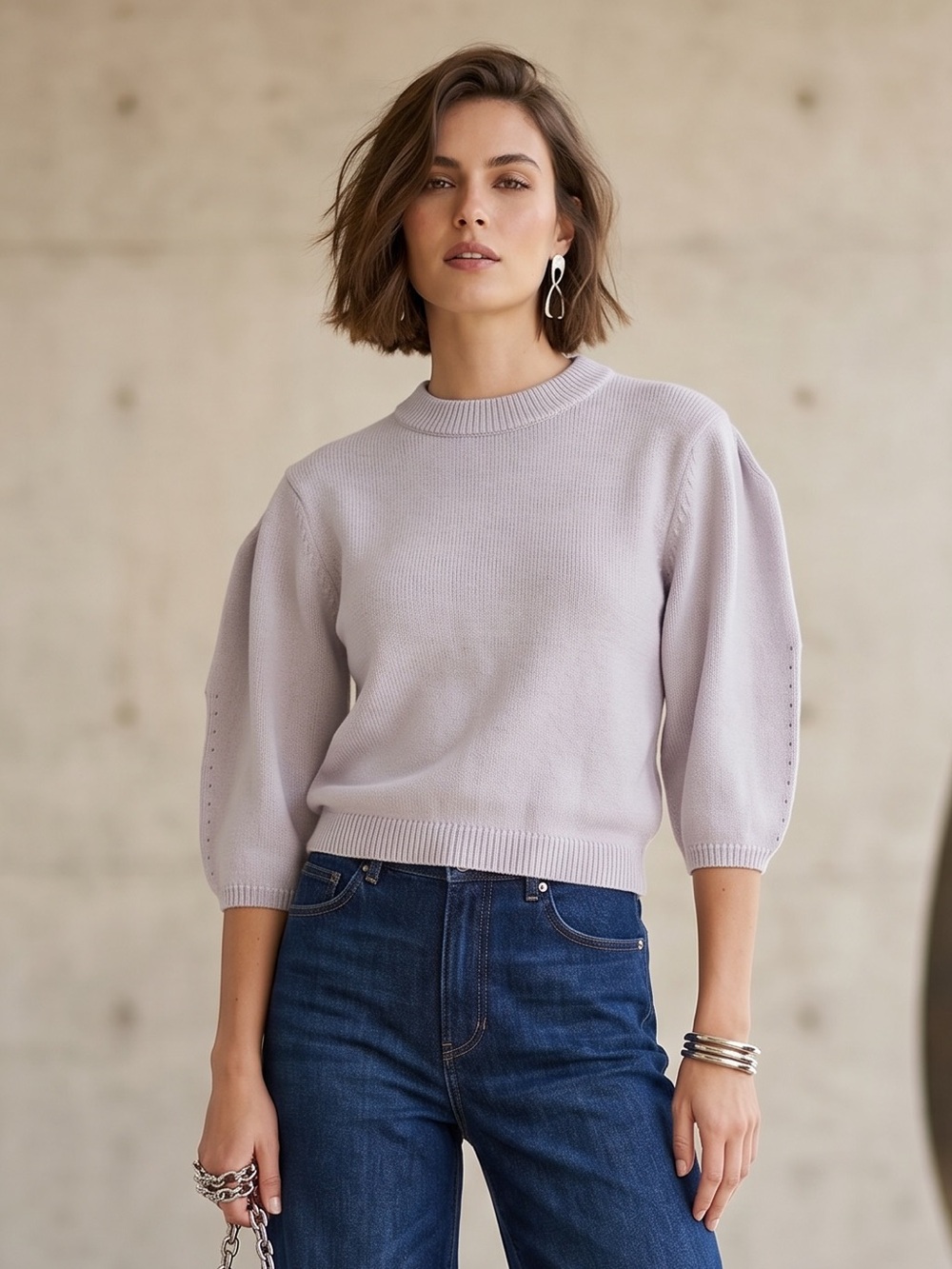525 America Gray Knit Crewneck Women's Cotton Sweater 3/4 Pleated Sleeve Sz S